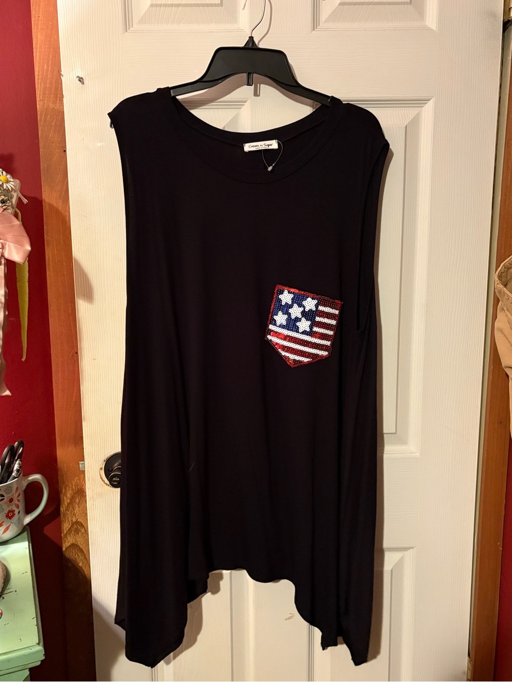 Black Sleeveless Tunic with Sequin American Flag Pocket - Casual Women’s Top